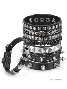6 Pack Punk Studded Bracelets - Gothic Spike Cuffs for Men Women
